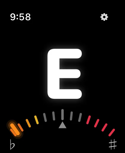 Tuner showing E with an orange needle to the left: flat