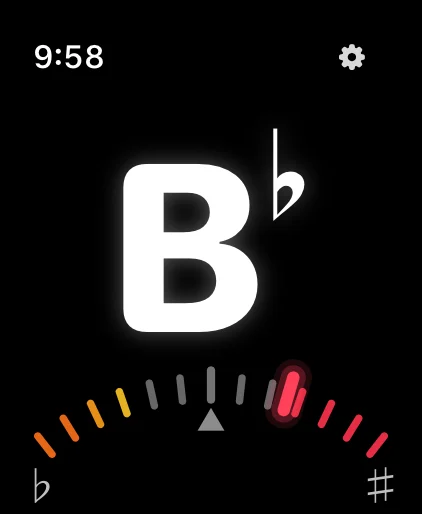 Tuner showing B flat with a red needle to the right: sharp