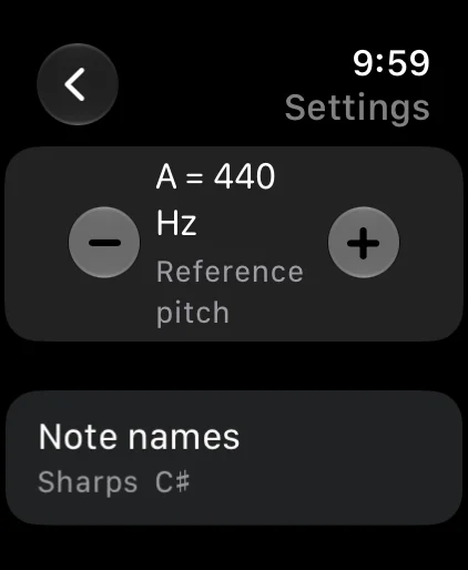Settings: reference pitch A = 440 Hz and note names